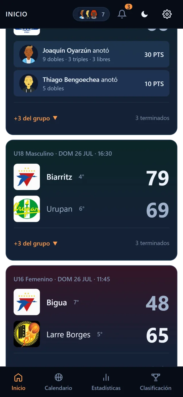 El Inicio, más abajo: los resultados de tus equipos con su posición y el próximo partido con día, hora y cancha