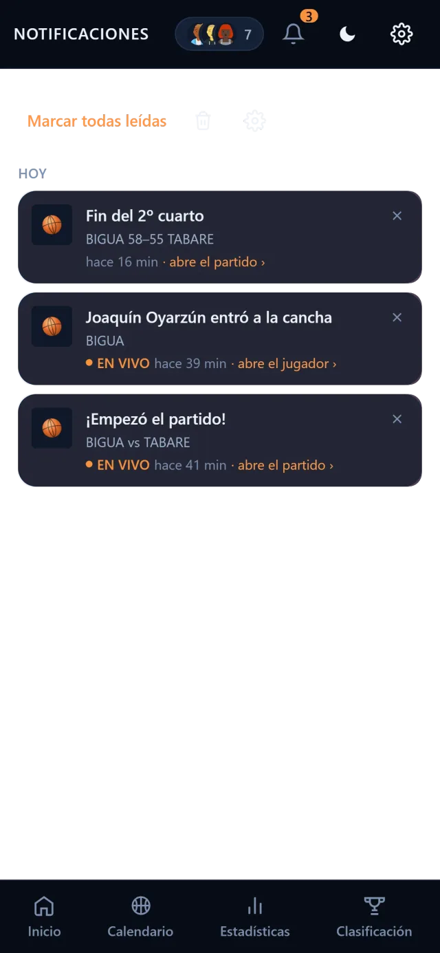 Bandeja de notificaciones: fin del segundo cuarto, un jugador que entró a la cancha y el final de otro partido
