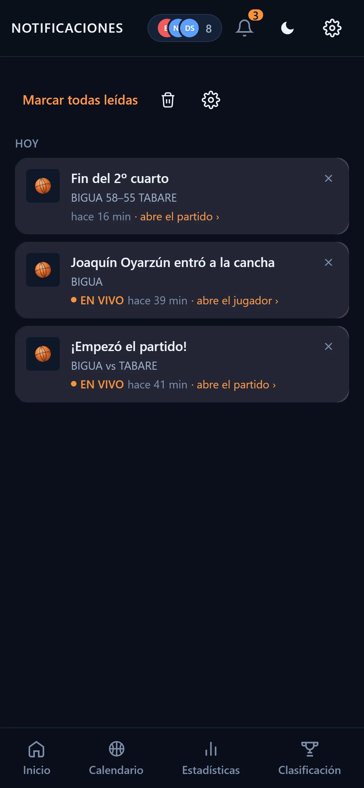 Bandeja de notificaciones: fin del segundo cuarto, un jugador que entró a la cancha y el final de otro partido
