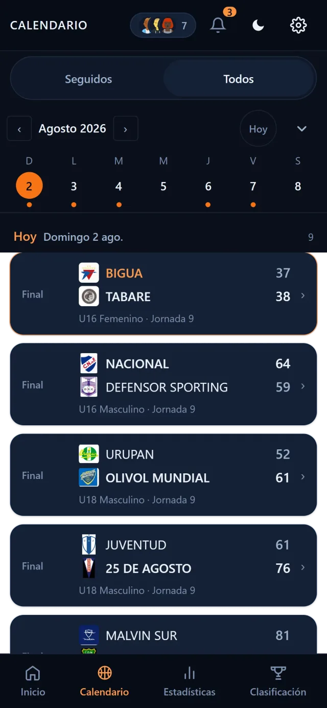 Calendario de partidos de todas las categorías, fecha a fecha