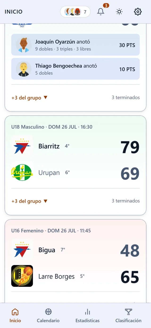 El Inicio, más abajo: los resultados de tus equipos con su posición y el próximo partido con día, hora y cancha