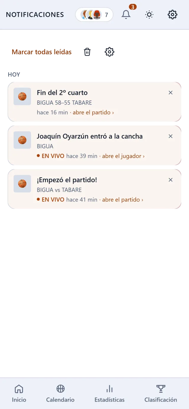 Bandeja de notificaciones: fin del segundo cuarto, un jugador que entró a la cancha y el final de otro partido