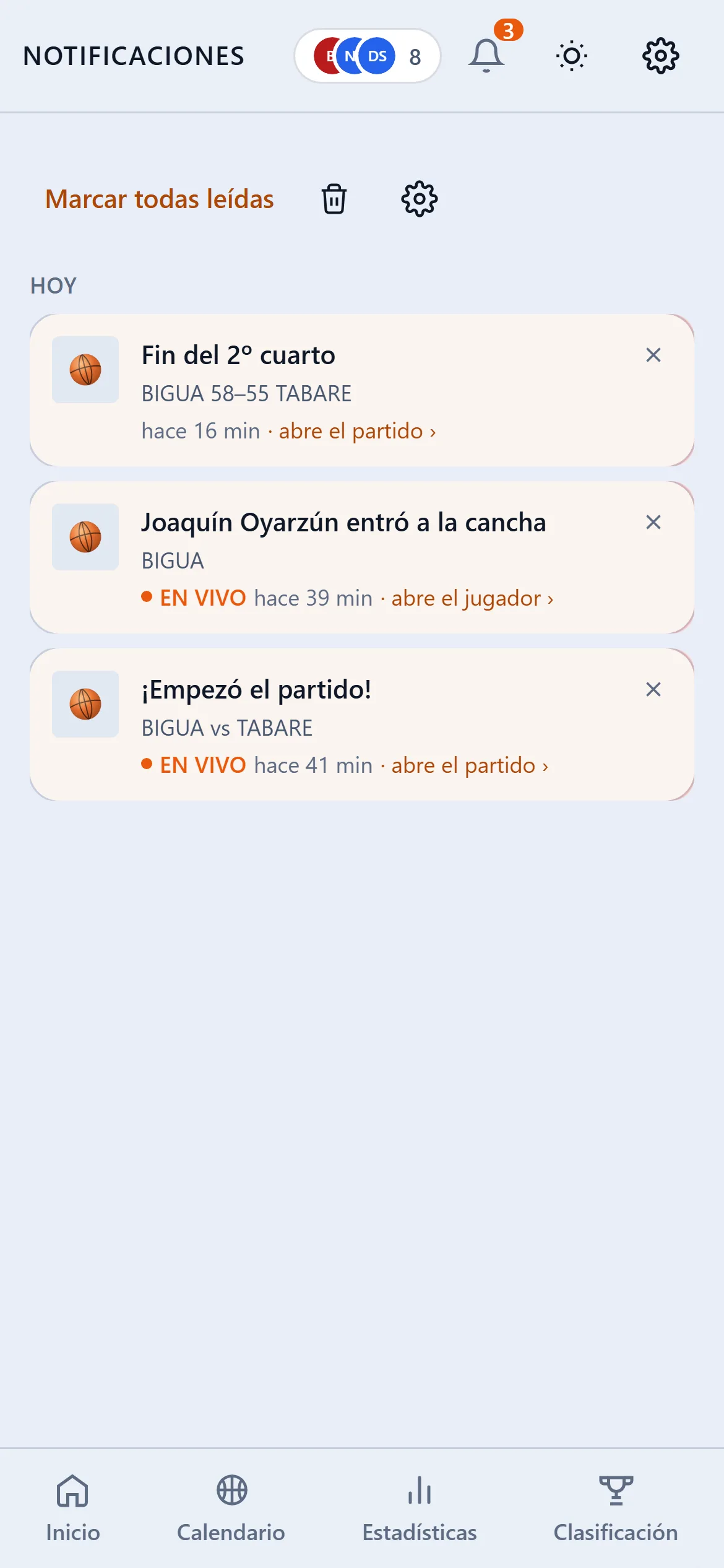 Bandeja de notificaciones: fin del segundo cuarto, un jugador que entró a la cancha y el final de otro partido