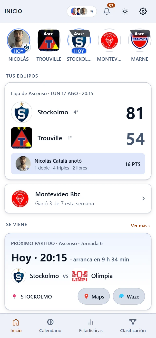 Mi Basket home screen: who you follow at the top, then one of their results with their player's points, how the club did this week, and the next game with its time and venue