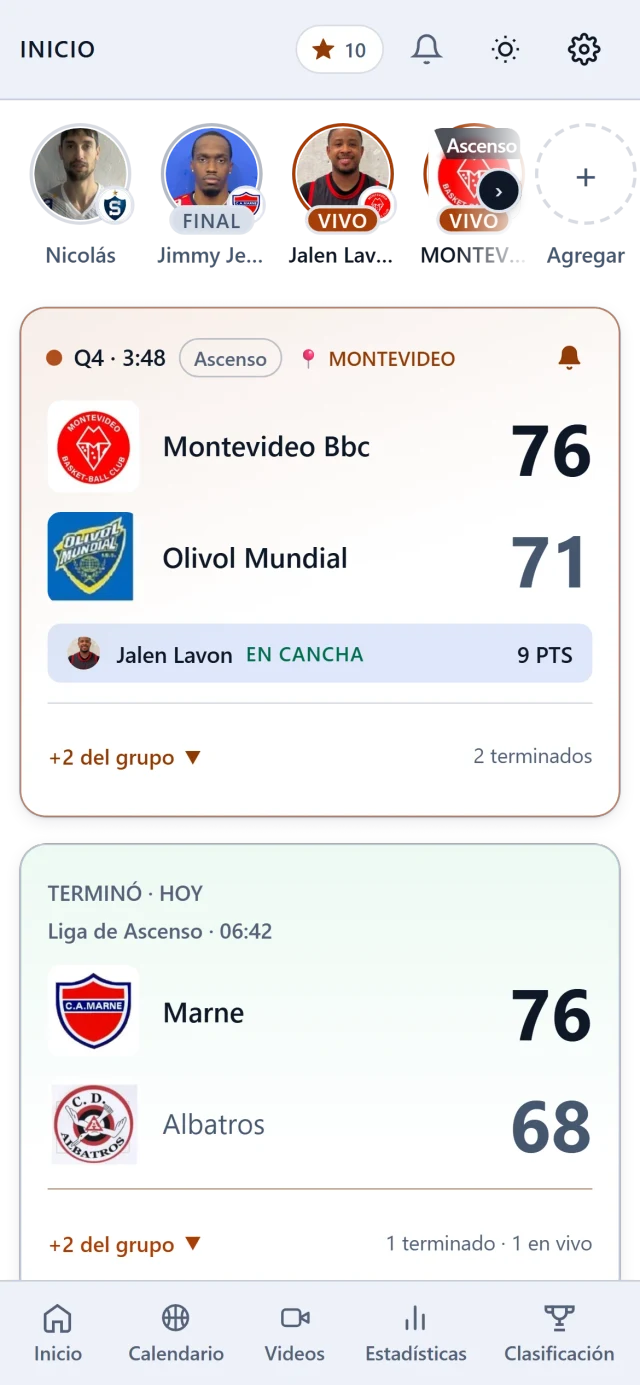Inicio de Mi Basket con varios seguidos: arriba los jugadores y equipos, abajo sus partidos, uno en vivo 76-71 y otro que terminó hoy 76-68