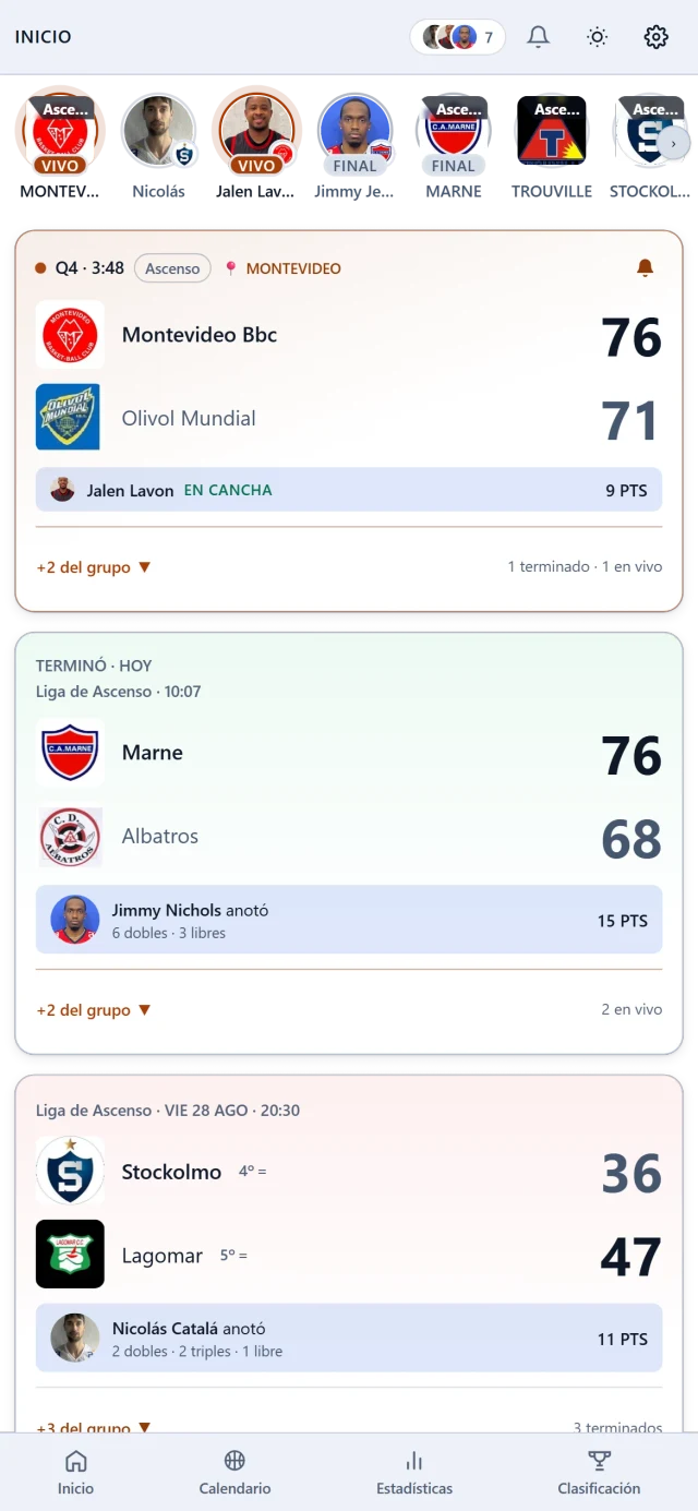 Mi Basket home screen: the people you follow at the top, then a live game at 76-71 with the points of your player on court, and below one that finished today with another player's