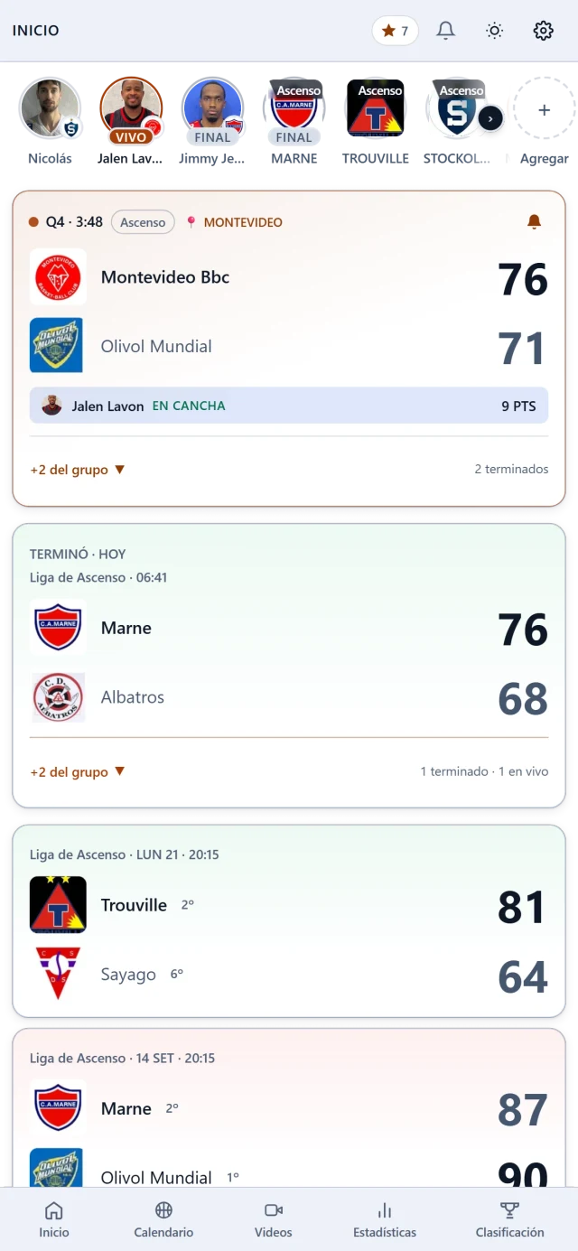 Inicio de Mi Basket: arriba los jugadores seguidos, y un partido de la Liga de Ascenso en vivo, Montevideo BBC 76 - Olivol Mundial 71 a 3:48 del final