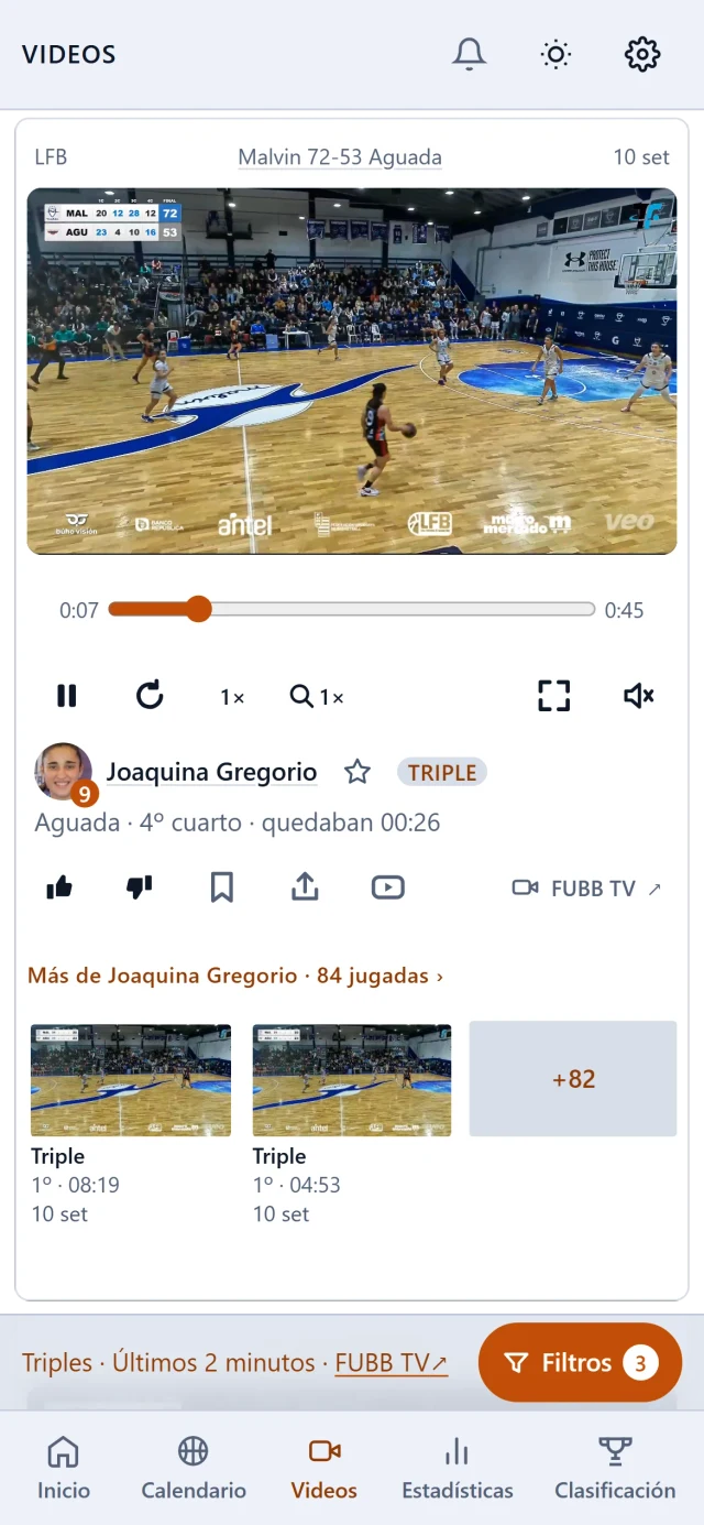 La pestaña Videos: un triple de Joaquina Gregorio en Malvín 72 - Aguada 53, de la Liga Femenina, con los filtros abajo